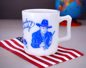 Hopalong Cassidy Mug with Blue Enamel over White Glass, 1950s TV Cowboy, Childs Western Cup, Cowboy and Bronco Horse, Hazel Atlas, LIKE NEW