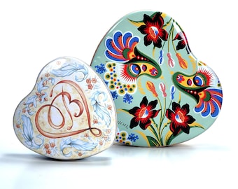 Vintage Brighton Metal Jewelry Box (2), Two Heart-shaped Tin Boxes with Embossed Flowers/Birds, Gift Trinket Box, Floral Metal Gift Boxes