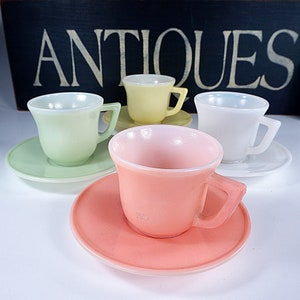Hazel Atlas Little Hostess Childs Tea Set, Pastel Platonite, Four Matching Sets, Kiddie Ware, Yellow, Green White, Pink, New Century Style