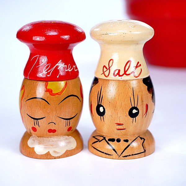 Vintage Wooden Salt and Pepper, Salty and Peppy, Chef Shakers, Hand Painted, Souvenir Shaker Set, Maumee Ohio, 1950s NEVER USED