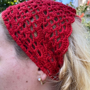 Red Crochet Headband: Boho Knit Cotton Hair Scarf