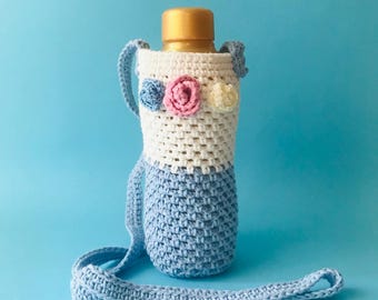 Crochet Water Bottle Carrier with Floral Strap: Handmade Cotton Sleeve