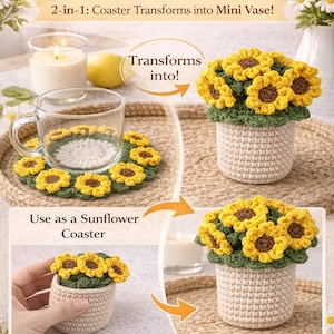 Può includere: Un modello all'uncinetto per un sottobicchiere a forma di girasole che si trasforma in un mini vaso. L'immagine mostra un sottobicchiere finito con girasoli gialli e marroni e un vaso all'uncinetto. Il testo dice "Sunflower Coaster Crochet Pattern".