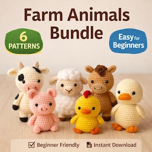 Farm Animal Crochet Pattern Bundle, Amigurumi PDF, Easy Beginner Crochet Animals, Cow Pig Sheep Chicken Duck Horse