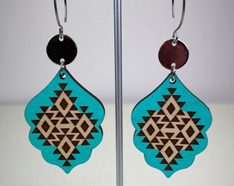 Southwestern earrings,turquoise earrings,wood earrings,laser engraved earrings,boho earrings,boho jewelry,southwestern jewelry,geometric