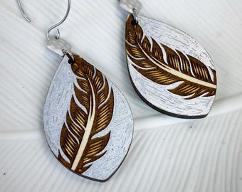 Silver Feather earrings,silver wood feather earrings,wood earrings,wood jewelry,boho earrings,boho jewelry,statement earrings,feather