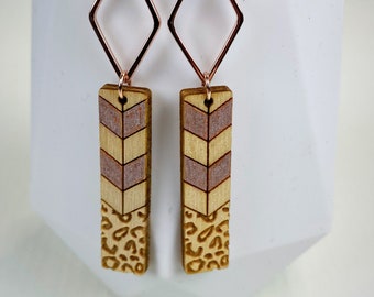 Rose gold wood earrings,leopard print earrings,leopard print wood earrings,boho earrings,boho jewelry,rose gold earrings,lightweight earring