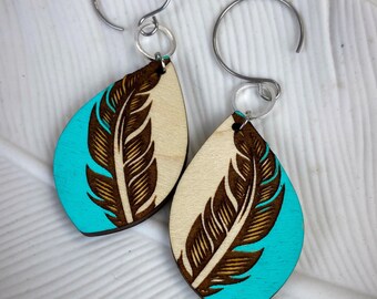 Turquoise wood feather earrings,wood feather earrings,wood earrings,feather earrings,boho earrings,boho jewelry,statement earrings,gift