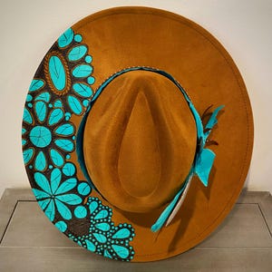 Turquoise Hat,Hat with turquoise,burned hat for women,hand-burned wide brim cowgirl hat,custom boho burned hat,hat for rodeo or concert,boho