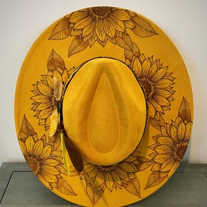 Sunflower Wide Brim Fedora,mustard yellow rancher hat,fall wide brim hat,autumn wide brim hat,hand burned wide brim hat,boho hat,gift