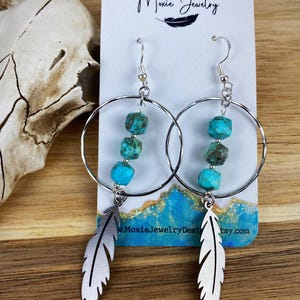 Turquoise earrings,turquoise and feather earrings,boho earrings,boho jewelry turquoise jewelry,feather jewelry,silver feather earrings,gift