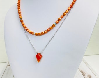 Orange pearl and carnelian layered necklace,carnelian necklace,pearl necklace,layered necklace,boho necklace,orange necklace,gemstone