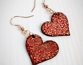 Red and gold heart earrings,red heart earrings,leather earrings,leather jewelry,valentines day,valentines gift,valentines jewelry,rose gold