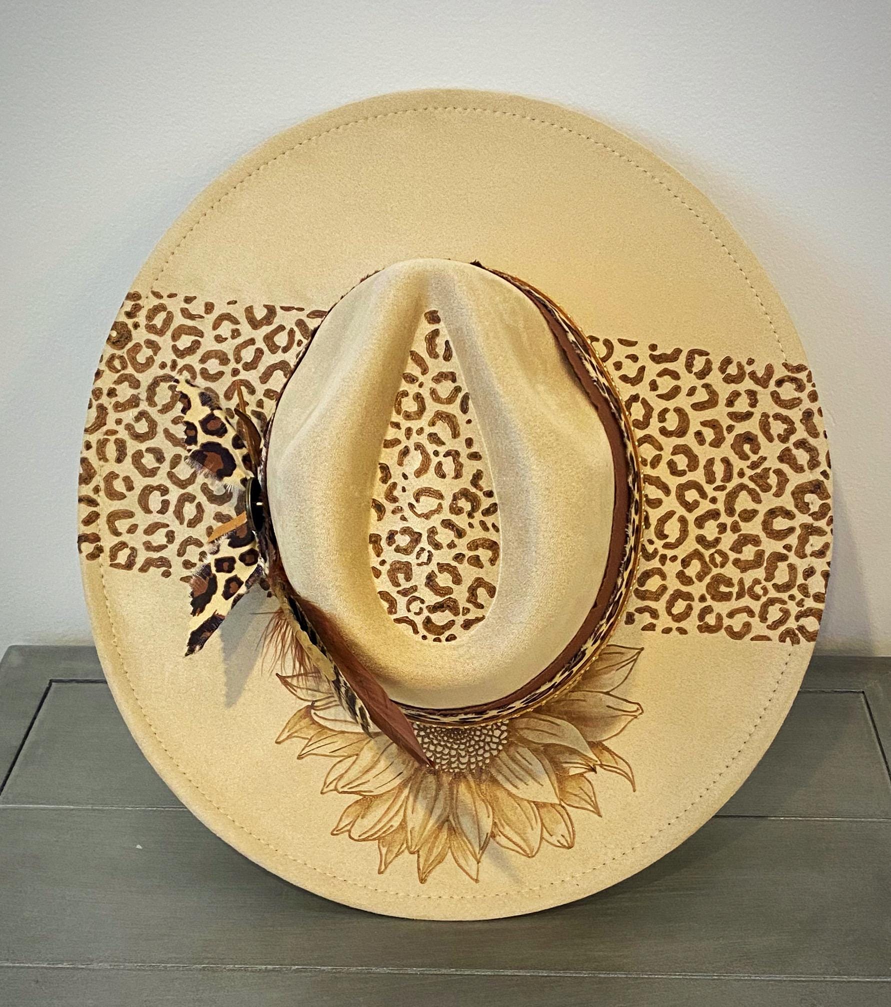 Leopard Gold Leaf Wood Burned Hat ?Wild Western ?? Hand-burned leopard print and custom  main image 2