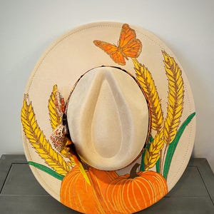 Pumpkin Wide Brim Fedora,Autumn Wide Brim Hat,Fall Hat,burned hat for women,burned wide brim cowgirl hat,festival burned hat,gift for her