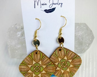 Mandala wood earrings,mandala earrings,wood earrings,wood jewelry,gold wood jewelry,statement earrings, lightweight earrings,gold and wood