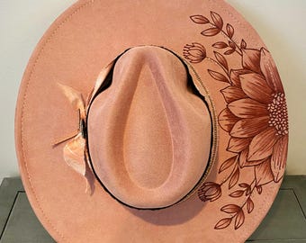 Dusty Pink Sunflower Fedora, Hand Burned Suede Wide Brim Hat