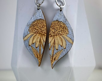 Flower wood earrings,echinacea earrings,echinacea wood earrings,silver earrings,hand painted earrings,laser engraved earrings,handmade,gift