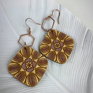 Rose gold wood earrings,mandala wood earrings,mandala earrings,rose gold earrings,geometric earrings,laser engraved earrings,boho earrings image 1