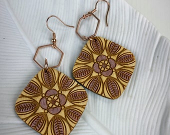 Rose gold wood earrings,mandala wood earrings,mandala earrings,rose gold earrings,geometric earrings,laser engraved earrings,boho earrings