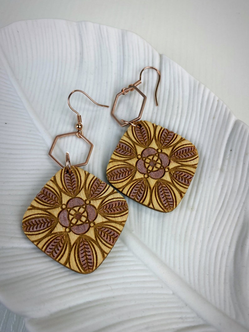 Rose gold wood earrings,mandala wood earrings,mandala earrings,rose gold earrings,geometric earrings,laser engraved earrings,boho earrings image 1