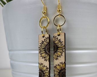 Gold sunflower wood earrings,wood earrings,sunflower earrings,boho earrings,boho jewelry,dangle earrings,nickel free,hand painted,handmade