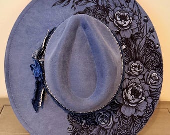Burned wide brim hat,boho floral western hat,boho denim blue hat