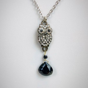 Crystal owl and black onyx necklace,black onyx necklace,owl necklace,crystal necklace,boho necklace,layering necklace,owl pendant