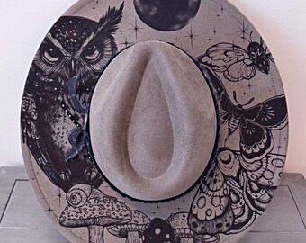Grey Owl And Mushroom Wide Brim Fedora, Autumn hat, burned hat for women