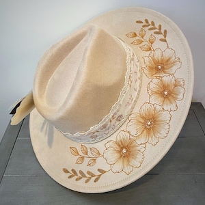 Hand Burned Wide Brim Cowgirl Hat: Floral Faux Suede Western Wedding Hat