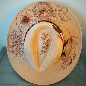 Feathers and flowers wide brim hat,fedora,boho hat,rancher hat,peach hat,cowboy hat,burned hat,floral hat,birthday gift,wide brim fedora hat