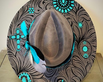 Turquoise Felt Wide-Brim Hat with Floral & \'Howdy\' Patch Turquoise Fedora,turquoise Wide Brim Hat,boho Hat,flowers  main image 2