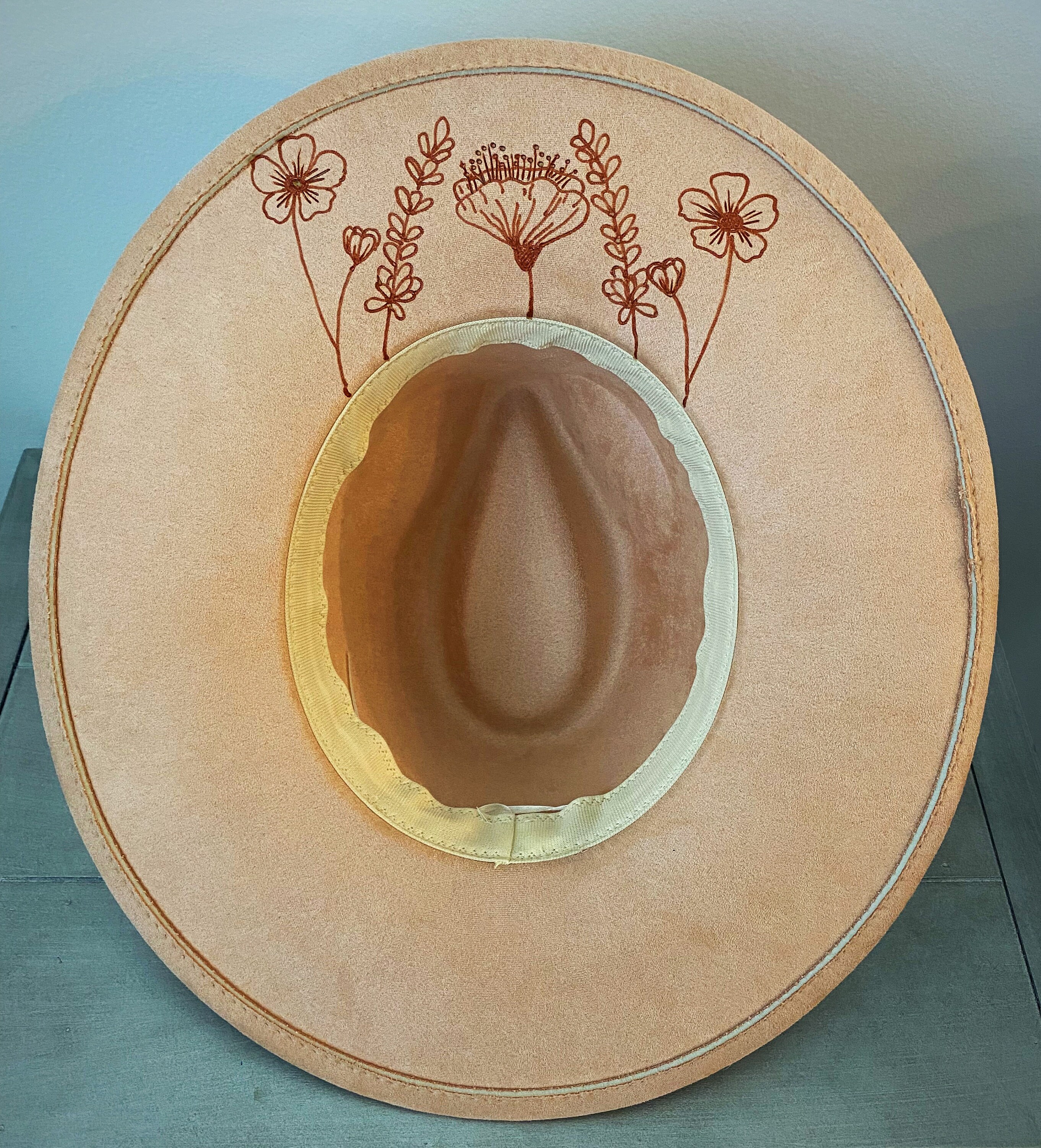 Handmade Bee & Sunflower Heart Crown Rancher Hat Peach Felt Wide Brim Boho il_fullxfull.6111505515_3sxs.jpg main image 3