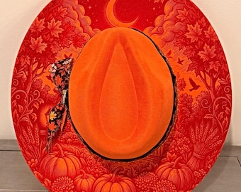 Engraved Halloween Hat, orange wide brim hat,witchy fall hat,crescent moon hat, boho western autumn hat