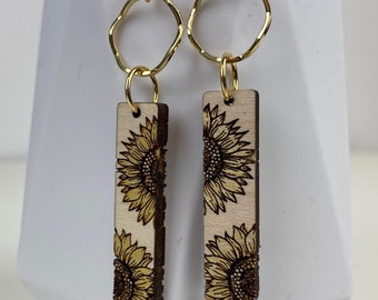 Gold sunflower earrings,sunflower earrings,wood earrings,statement earrings,wood jewelry,lightweight earrings,boho earrings,boho jewelry