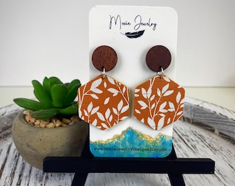 Autumn Leaf Earrings: Boho Wood & Faux Leather Dangles