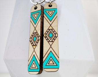 Aztec wood earrings,southwest earrings,southwest wood earrings,turquoise wood earrings,turquoise earrings,Aztec earrings,boho earrings