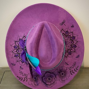 Hand-Burned Purple Faux Suede Boho Hat: Wide Brim Western Style