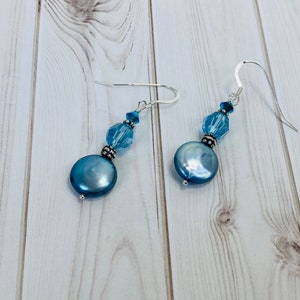 Aqua Pearl and Swarovski Crystal sterling silver earrings,Freshwater Pearl earrings,aqua crystal earrings, boho earrings,gemstone earrings