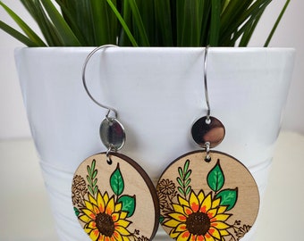 Sunflower wood earrings,sunflower earrings,silver sunflower earrings,statement earrings,lightweight earrings,boho jewelry,boho earrings