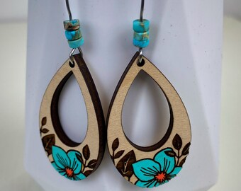 Wood flower earrings,wood earrings,turquoise earrings,magnolia flower earrings,hand painted earrings,wood jewelry,statement earrings,