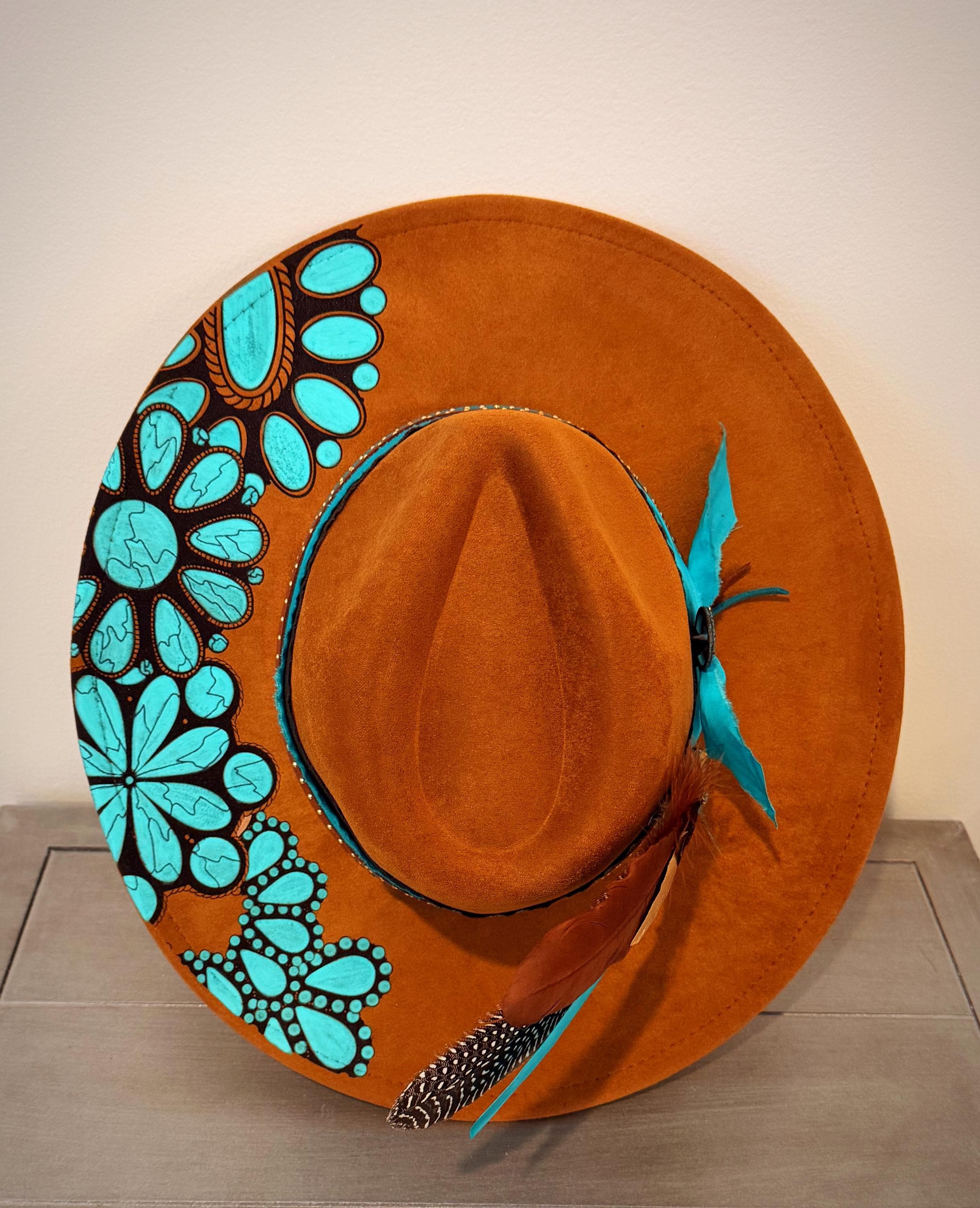 Chunky Turquoise Hand-Painted Fedora, Western Suede Wide Brim Hat