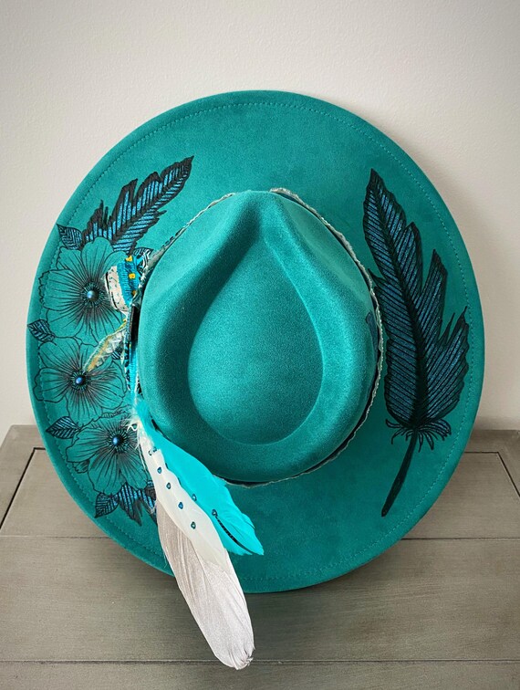 Teal Floral Boho Wide Brim Hat,wide Brim Fedora,flowers and  display picture 1