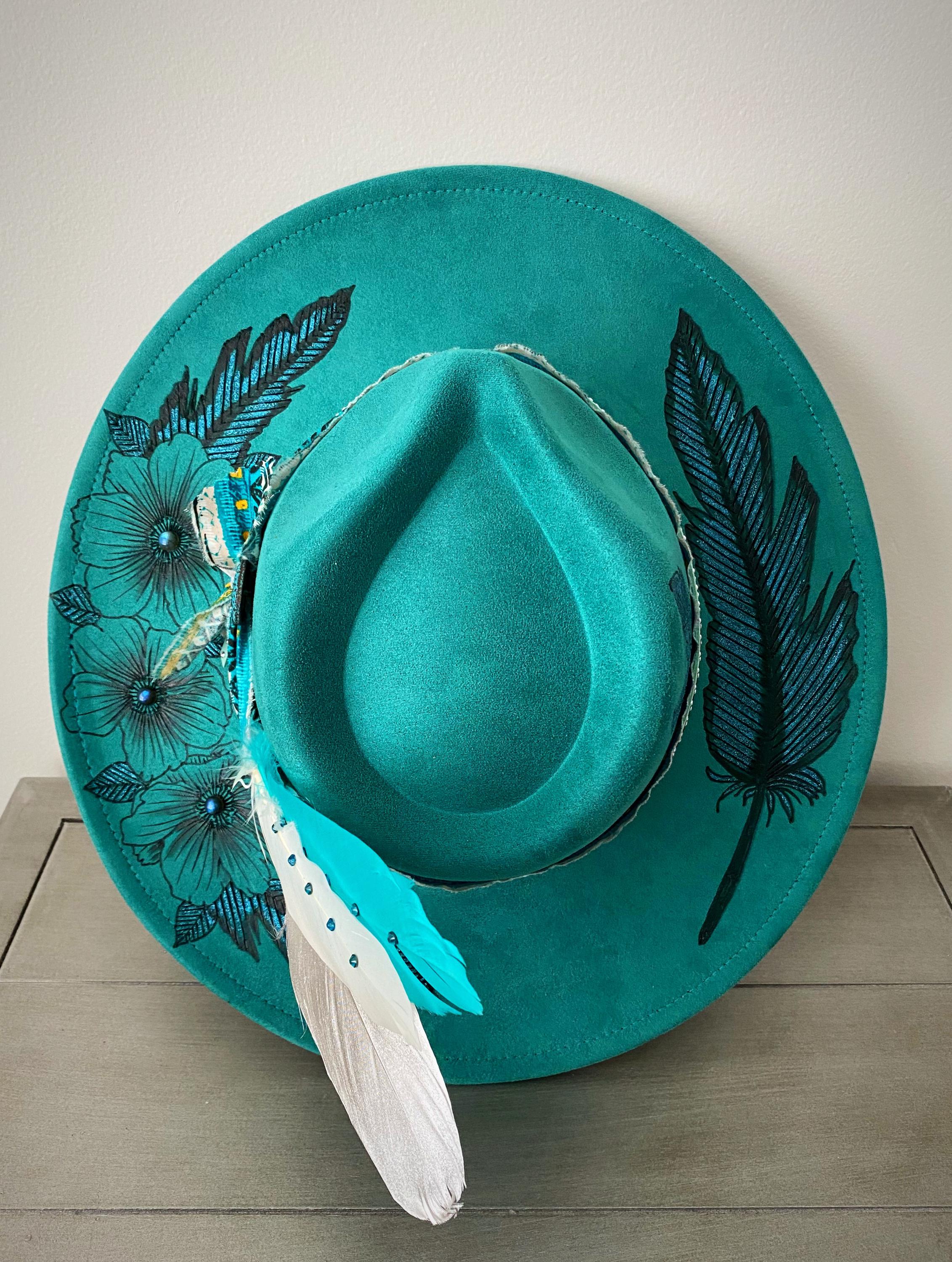 Katie Wide Brim Floral Burned Suede Hat Teal OS Mountain Floral Burned Hat, Mountain Engraved Cowboy Hat  main image 2