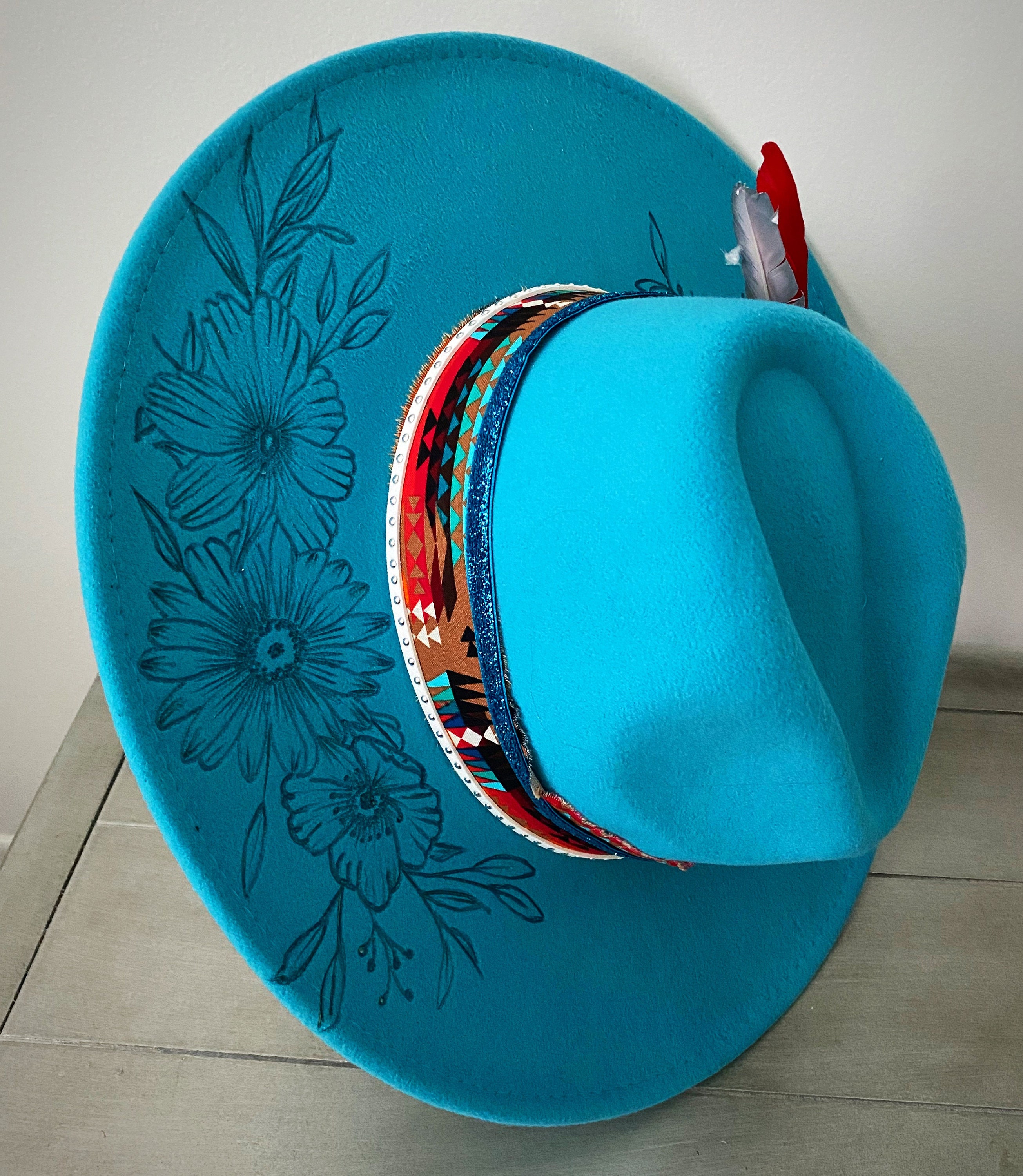 Turquoise felt winter hat with flower by Max Alexander main image 1
