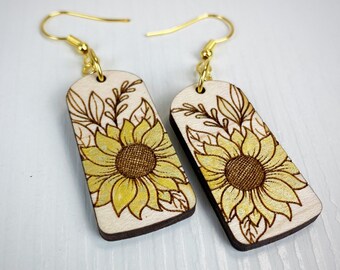 Gold sunflower wood earrings,sunflower wood earrings,wood earrings,sunflower earrings,boho earrings,boho jewelry, gift,laser engraved