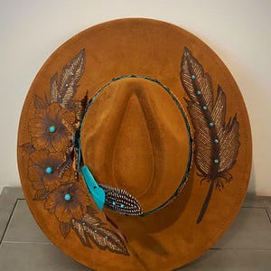 Khaki Boho wide brim hat,hand burned wide brim cowgirl hat,boho hanburned hat,hat for country concert,desert wide brim Fedora,western style