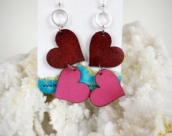 Red and pink heart leather earrings,leather heart earrings,leather earrings,heart earrings,leather jewelry,valentines day,valentines gift,