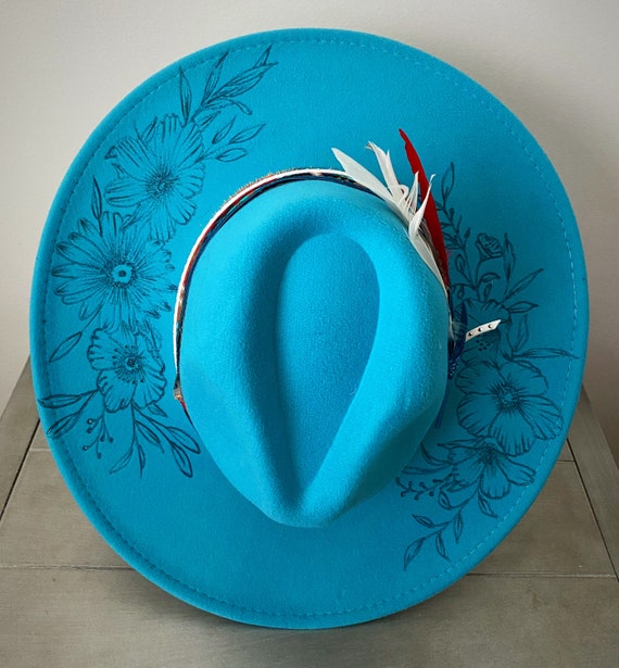 Turquoise Wide-Brim Floral Engraved Wool Felt Hat Wildflower Floral Burned Hat, Floral Engraved Cowboy Hat  main image 4