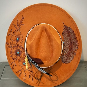 Flowers and Feathers Wide Brim,hand burned wide brim cowgirl hat,western style hat,engraved hat,custom boho burned hat,festival style hat,